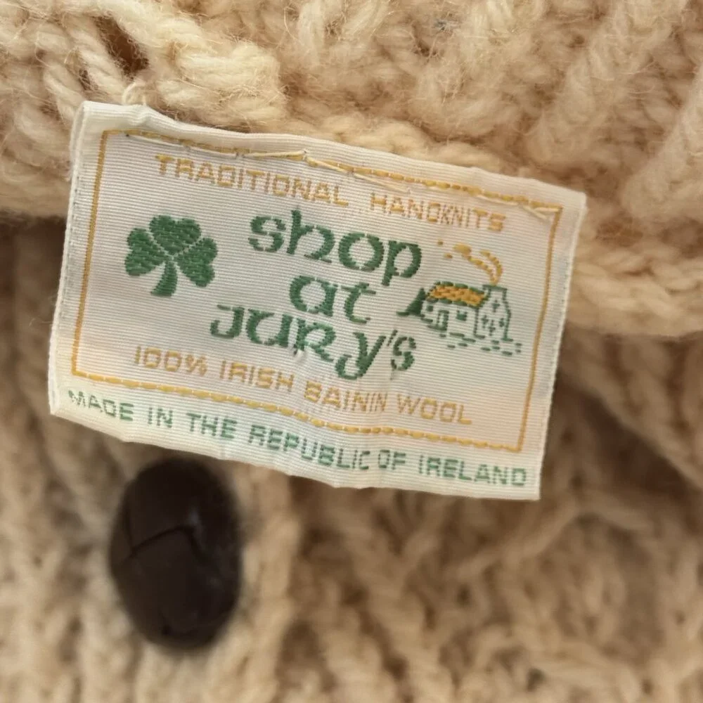 Vintage Irish Wool Sweater Hand Knit Cardigan Collar Ivory Chunky Fisherman READ - Picture 3 of 16